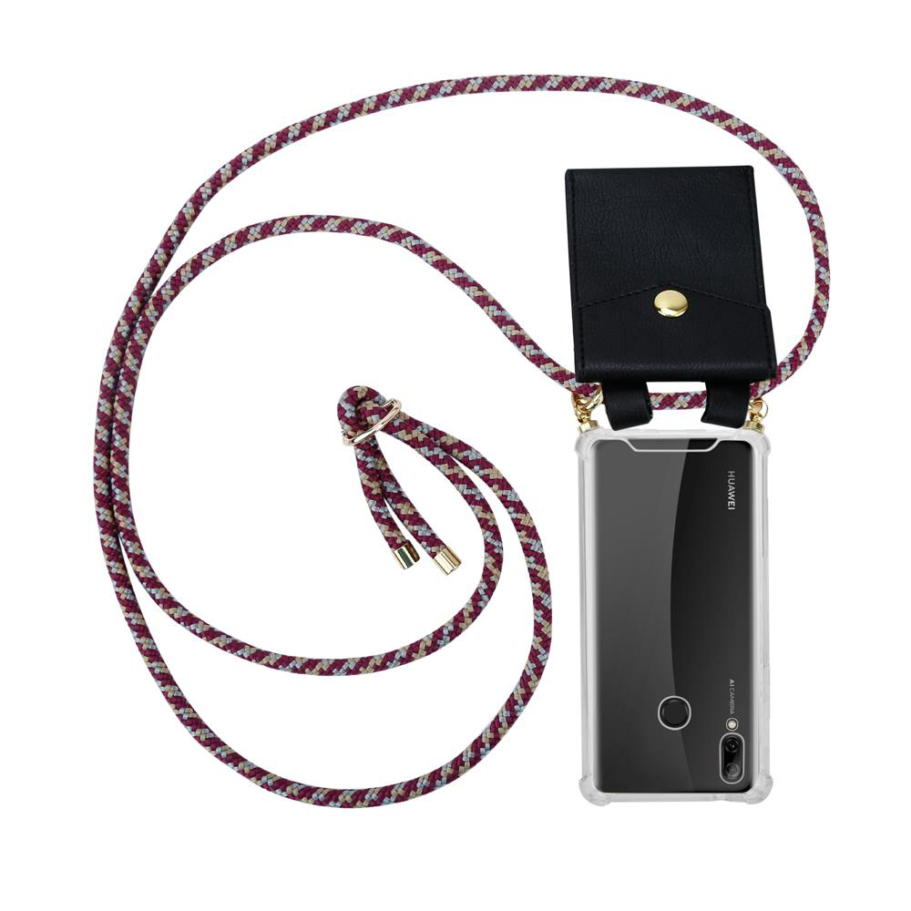 Custodia nera per telefono con cordino bordeaux, beige e blu. Piccolo scomparto.