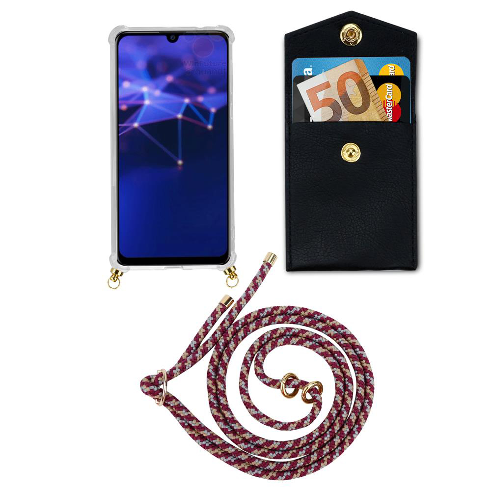 Smartphone con custodia, portafoglio con banconota euro e carta, e cordino.