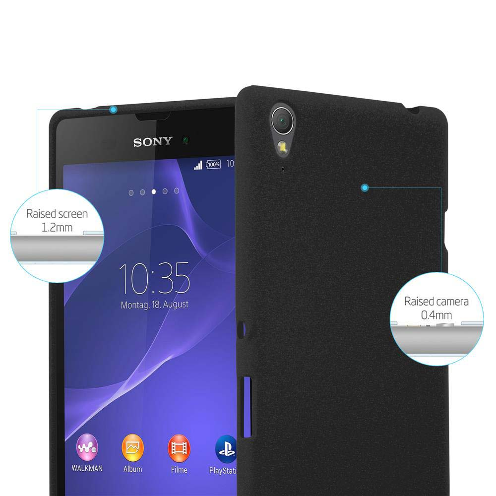 Funda negra para teléfono muestra teléfono Sony con hora 10:35 e iconos.