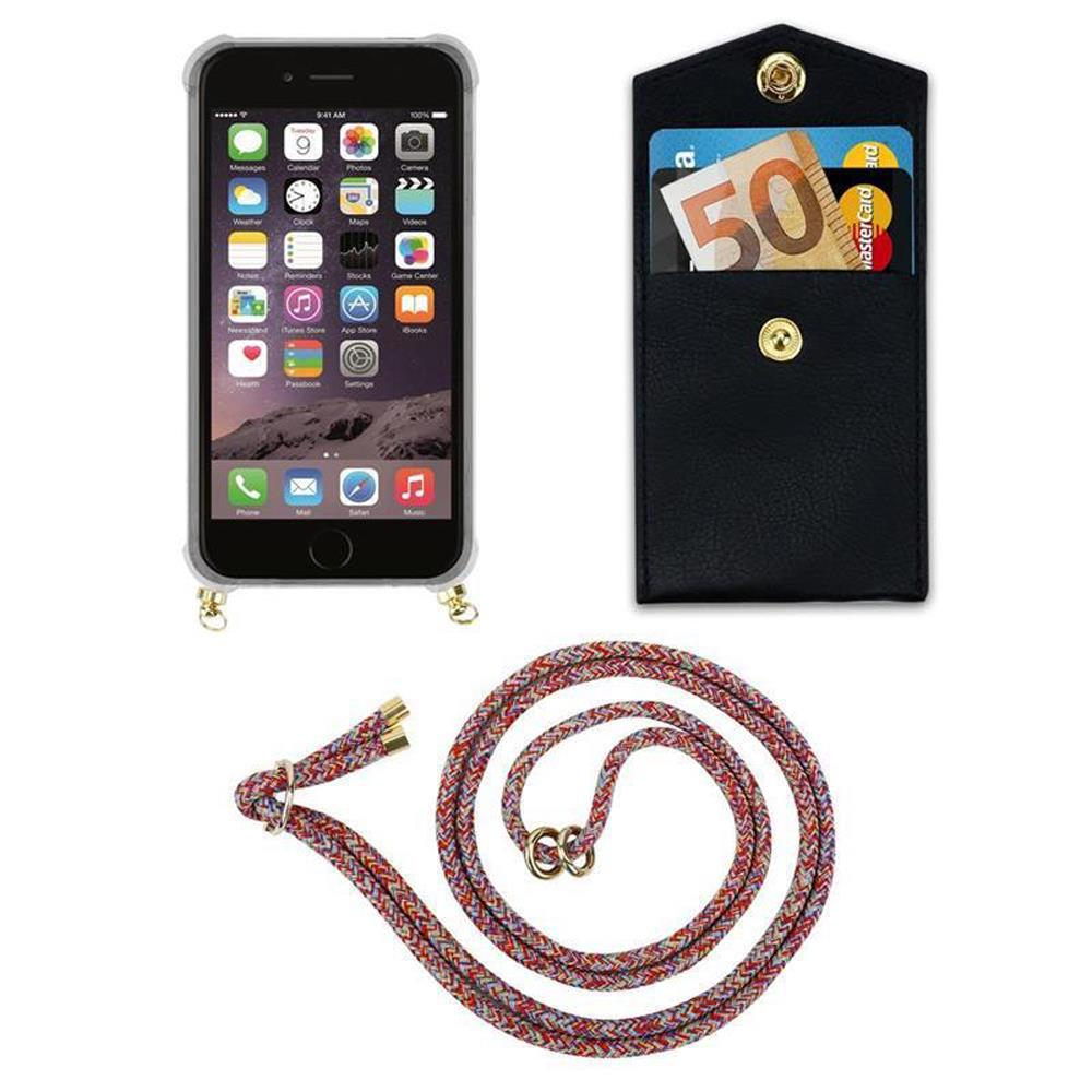 Ein iPhone, eine schwarze Kartenhülle mit Geld und Karten, und ein bunter Lanyard.