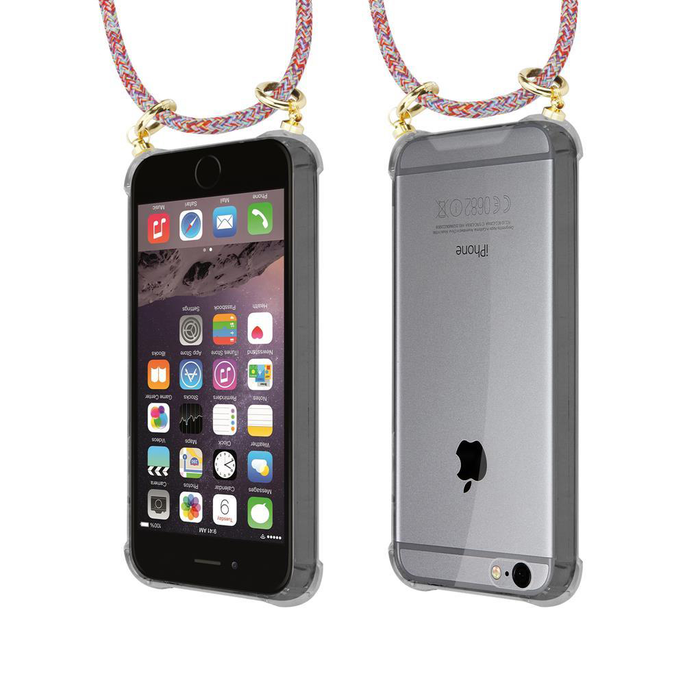 Ein transparentes iPhone mit bunter Kordel und sichtbaren Apps.