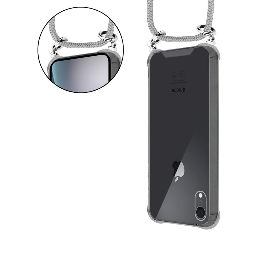 Ein durchsichtiges iPhone mit einem grauen Band, das daran befestigt ist.
