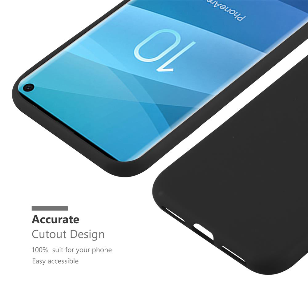 Una custodia nera per telefono accanto a uno smartphone con schermo blu.