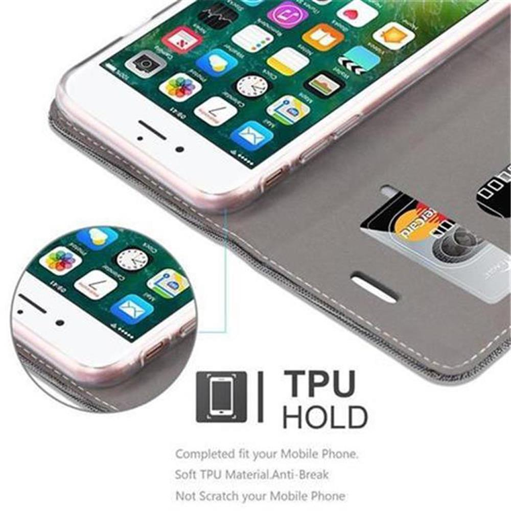 Custodia grigia per telefono con porta carte mostra uno smartphone con app.