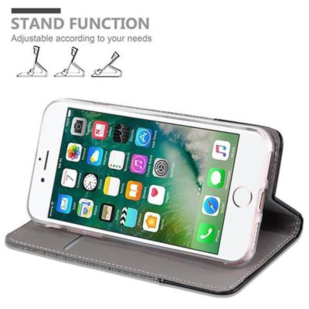 Un iPhone in una custodia grigia che funge da supporto.