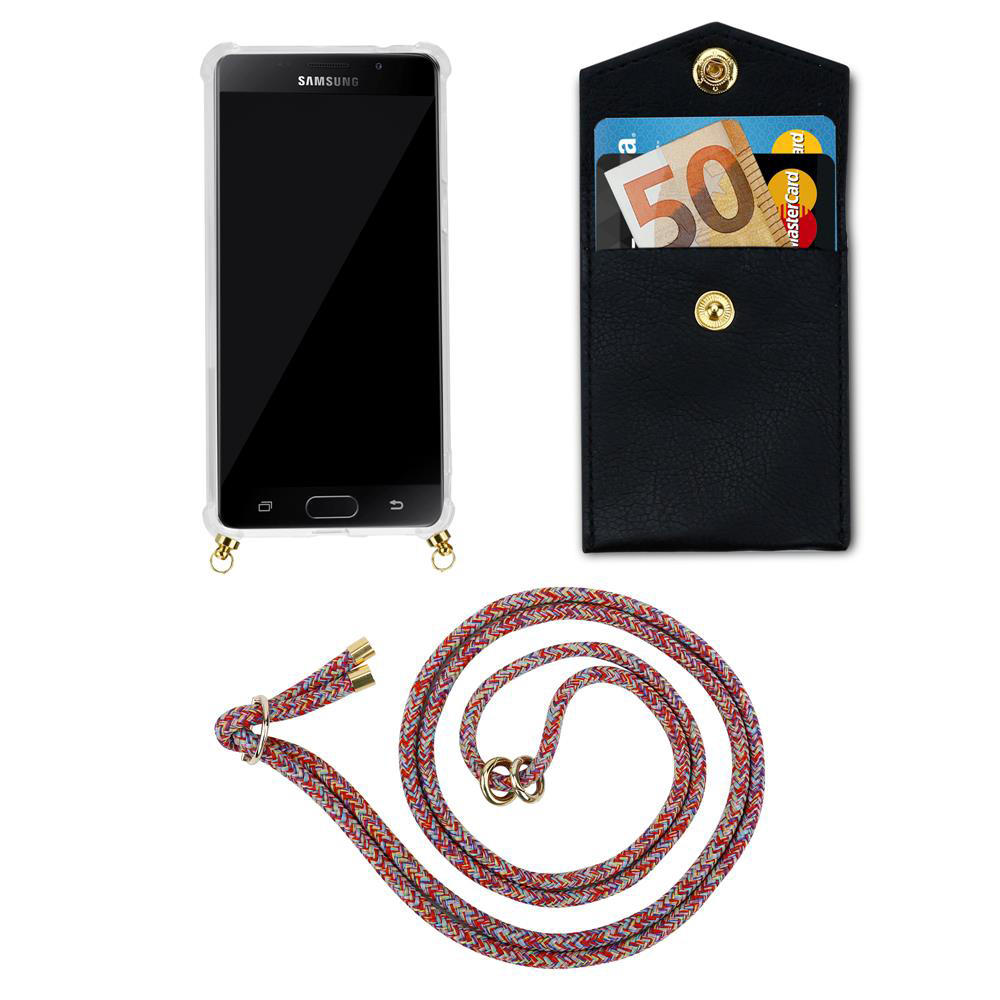 Un smartphone en funda, una cartera negra con tarjetas y dinero, y un cordón colorido.