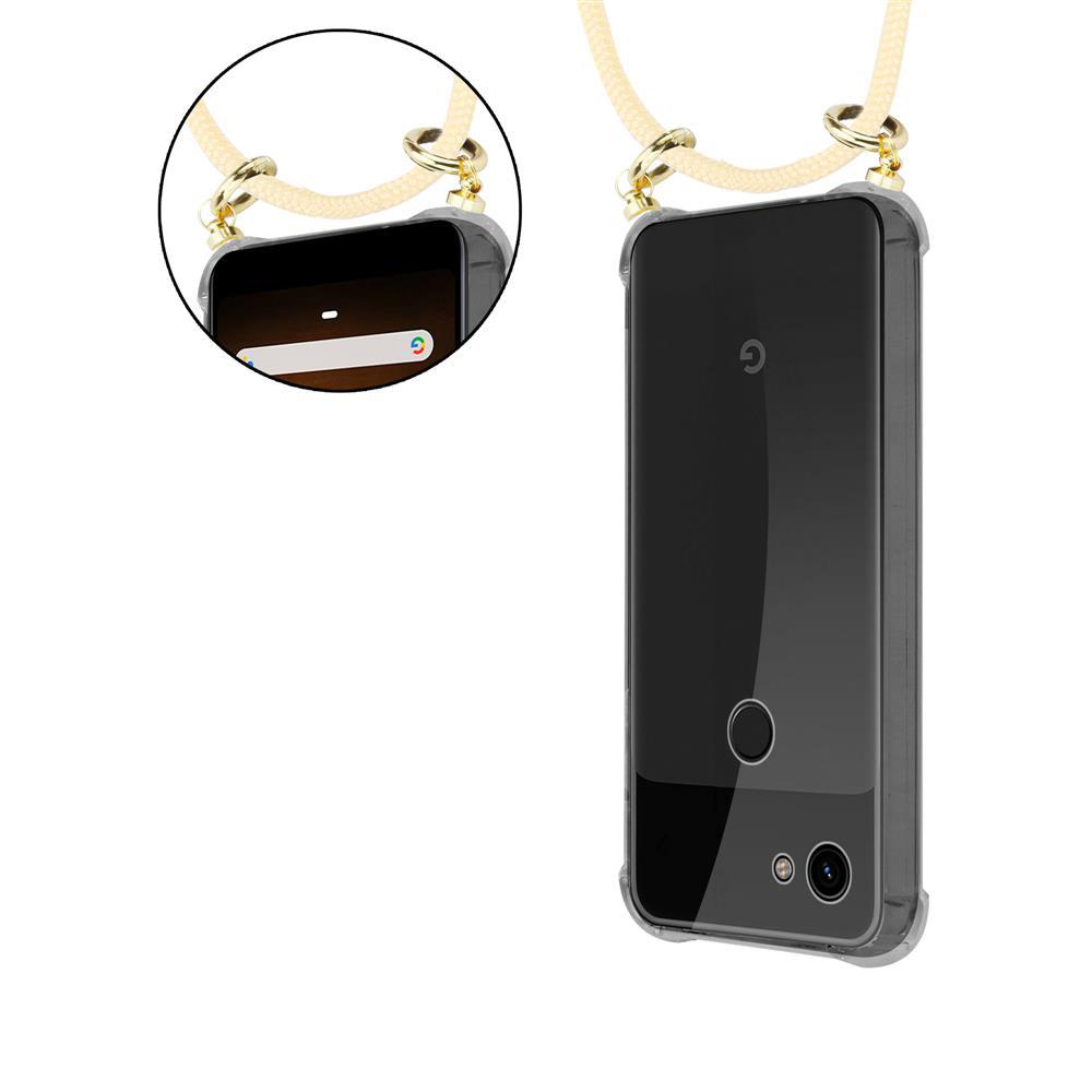Ein Smartphone mit einem durchsichtigen Gehäuse und einer Schnur, die am oberen Rand befestigt ist.