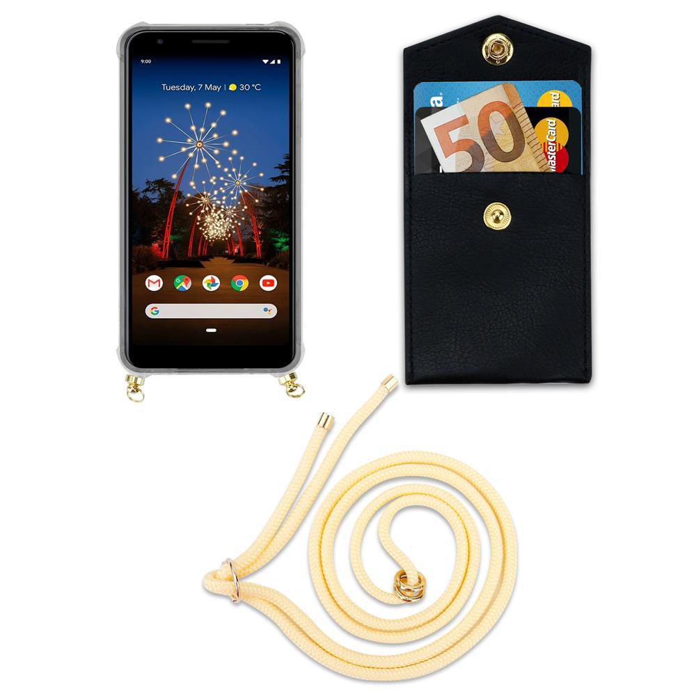 Smartphone mit schwarzer Hülle, Geldbeutel mit Geld und Karten, und cremefarbene Kordel.