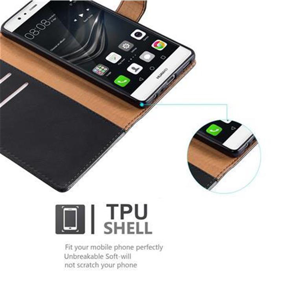 Ein Smartphone in einer braun-schwarzen Hülle, Detailansicht oben rechts.