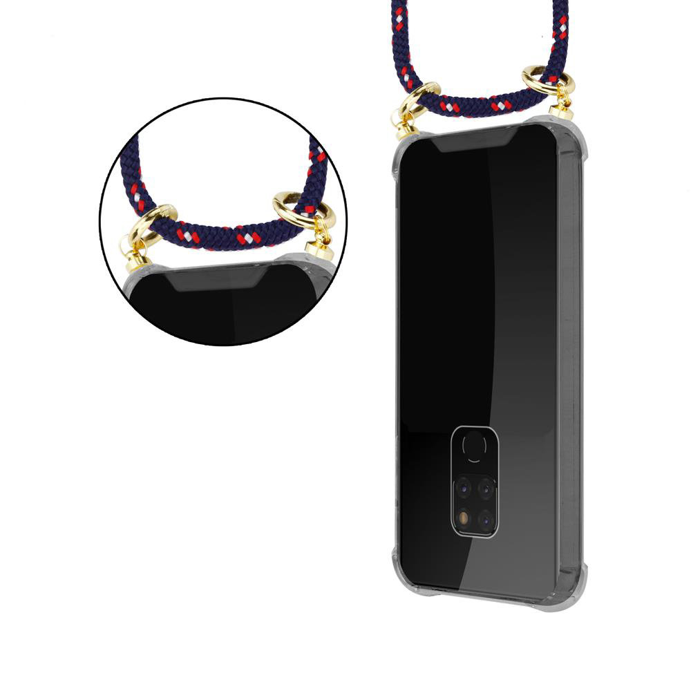 Custodia trasparente per telefono con laccetto blu e rosso e anelli oro.