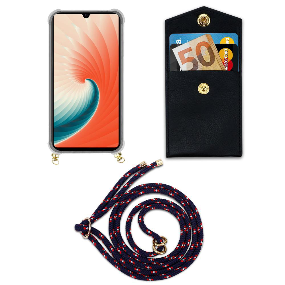 Smartphone in custodia, porta carte nero con soldi e carte, cordino.