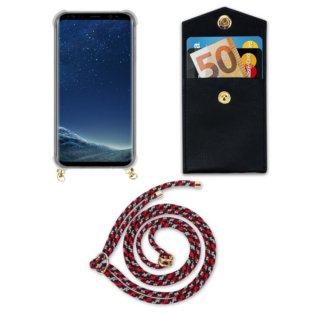 Uno smartphone con custodia, un portafoglio nero con banconote e carte, e un cordino.