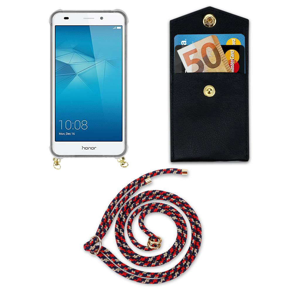 Ein Smartphone, eine schwarze Brieftasche mit Karten und ein Lanyard.