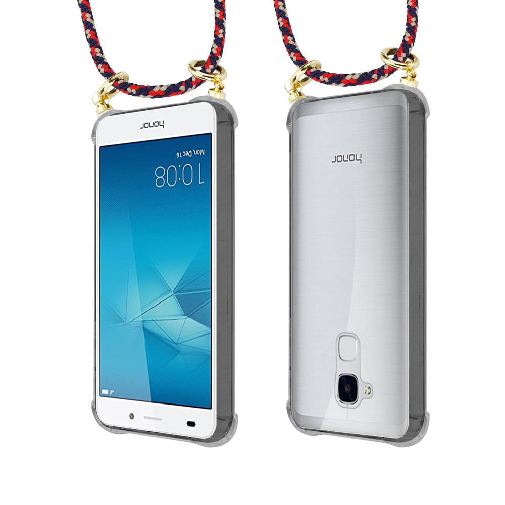 Ein Smartphone mit einem durchsichtigen Gehäuse und einem geflochtenen Band.