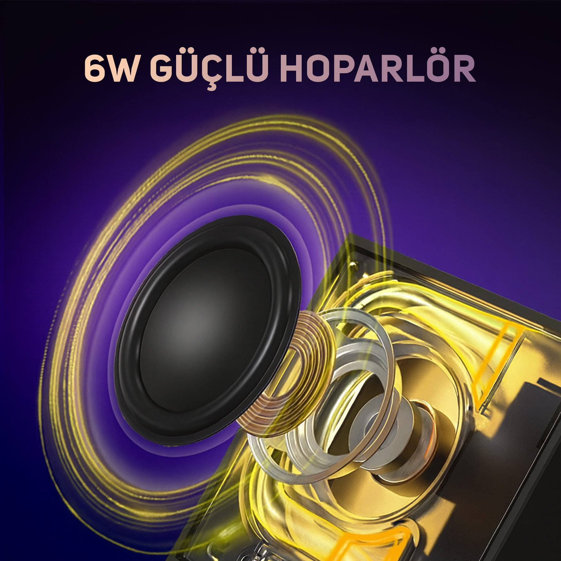 Zbliżenie głośnika z cewką i magnesami na fioletowym tle.