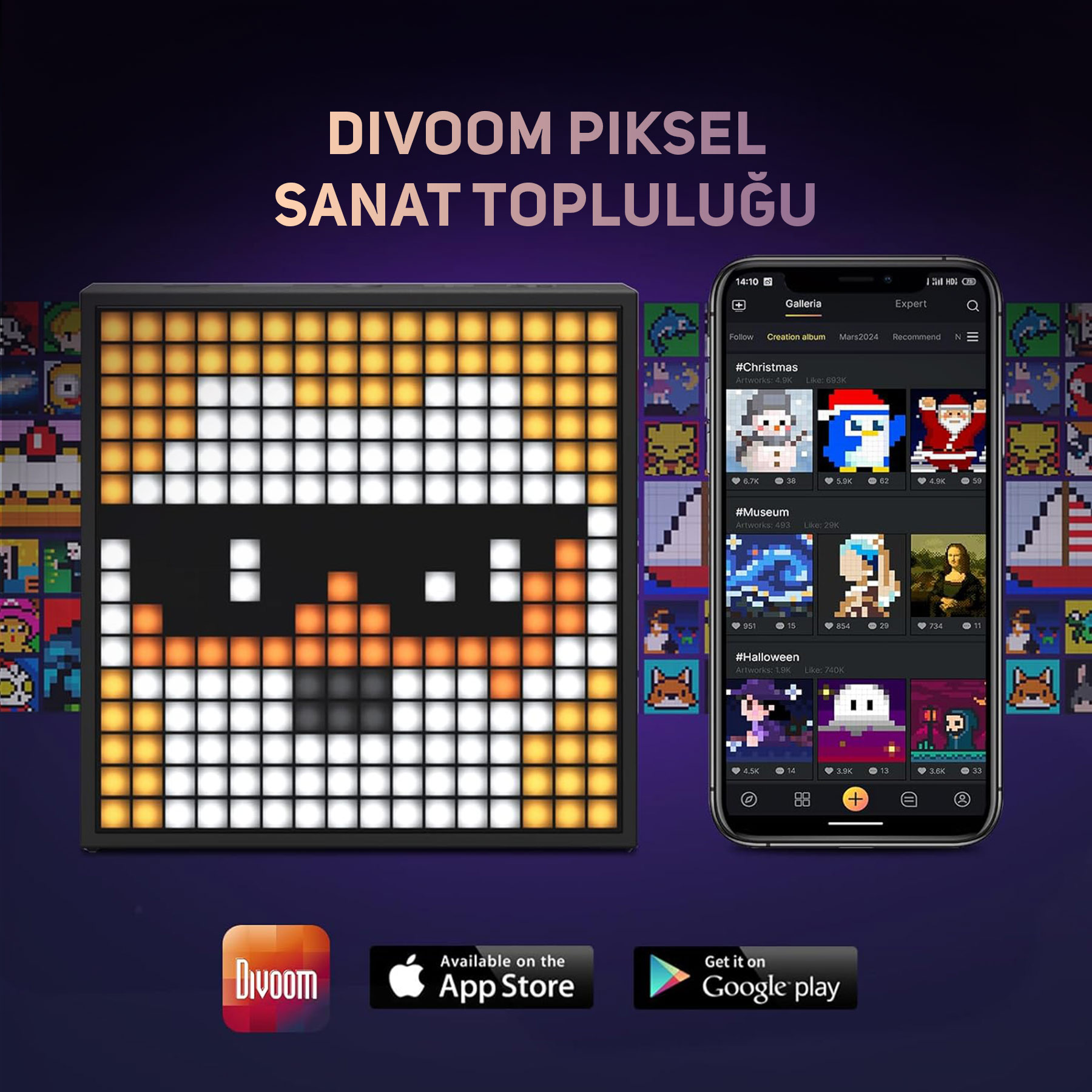 Wyświetlacz Divoom Pixel pokazuje twarz, obok smartfon z aplikacją.