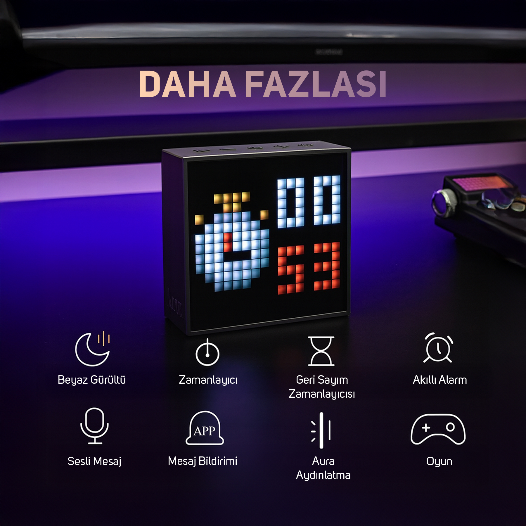 Pikselna kostka z wyświetlaczem timera i ikonami.