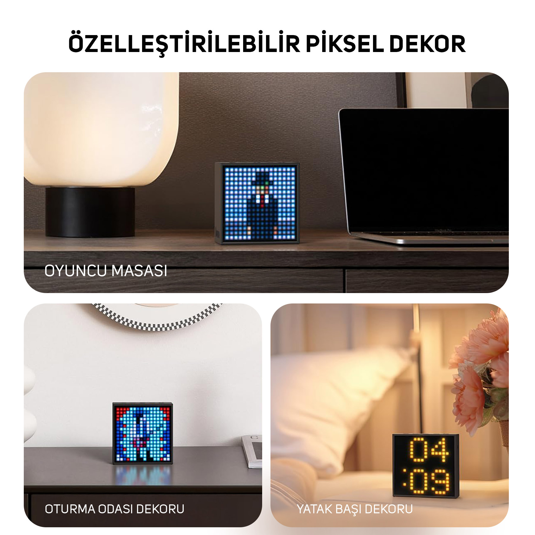 Wyświetlacz pikselowy pokazuje mężczyznę w garniturze. Obok laptop i lampa.