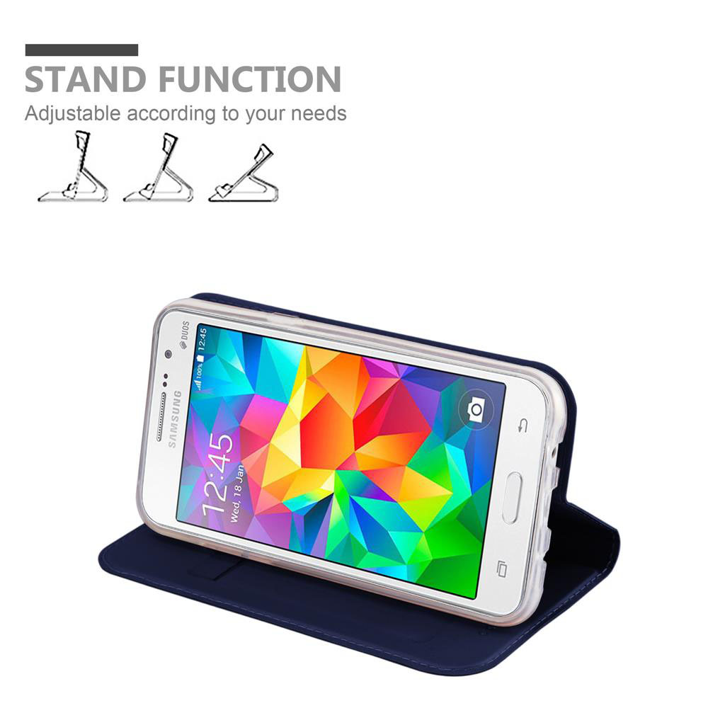 Teléfono Samsung en funda azul oscuro, mostrando ilustraciones de función soporte.