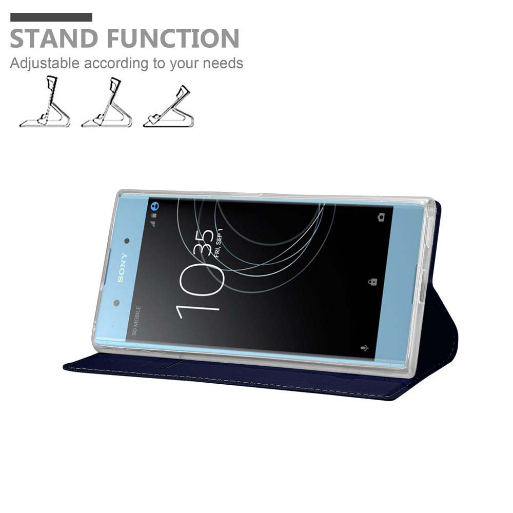 Un telefono in una custodia blu scuro in modalità stand con tre immagini di esempio.
