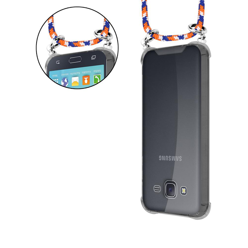 Ein Samsung Handy mit einem durchsichtigen Kasten und einem bunten Band.