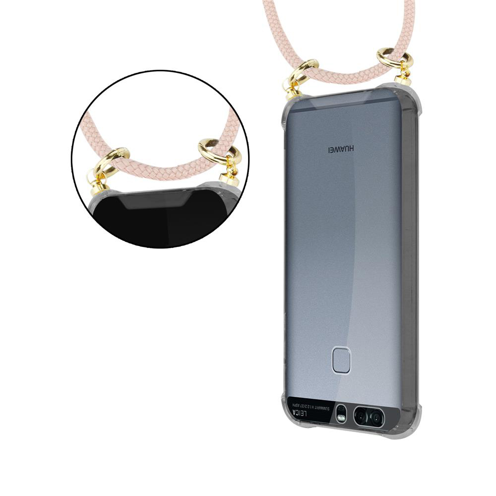 Ein Huawei-Smartphone in einer transparenten Hülle mit einem rosafarbenen Band und goldenen Ringen.