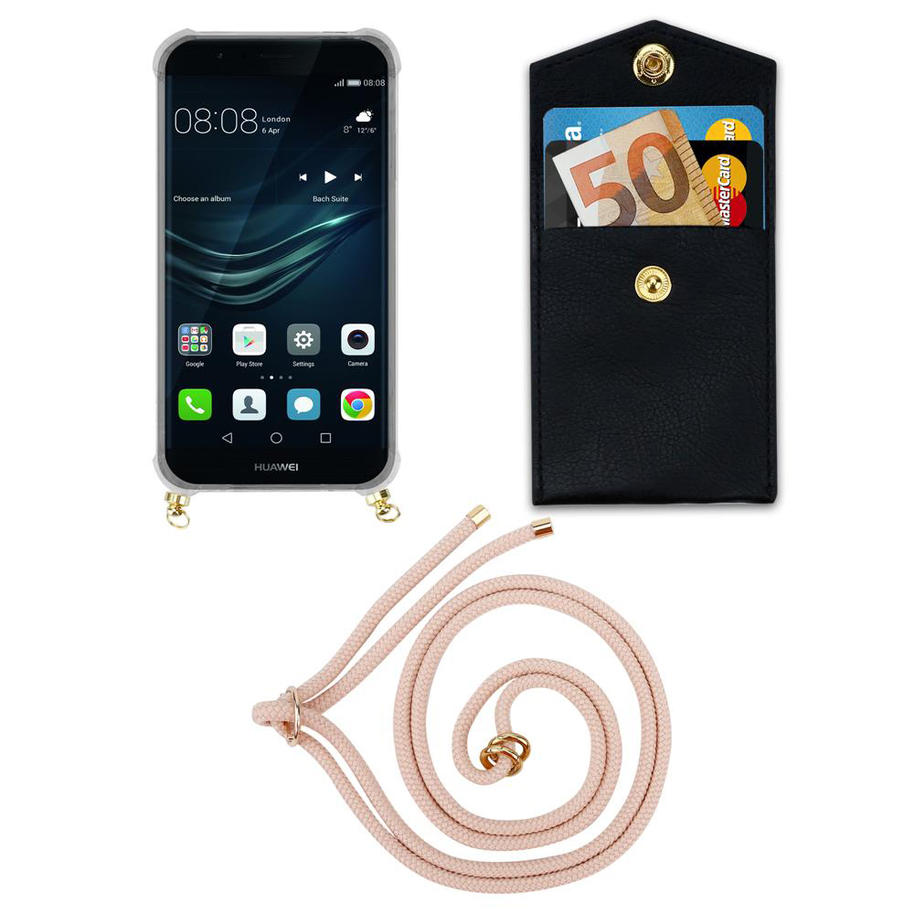 Smartphone mit Hülle, Portemonnaie mit Geld und Karten, und ein Band.