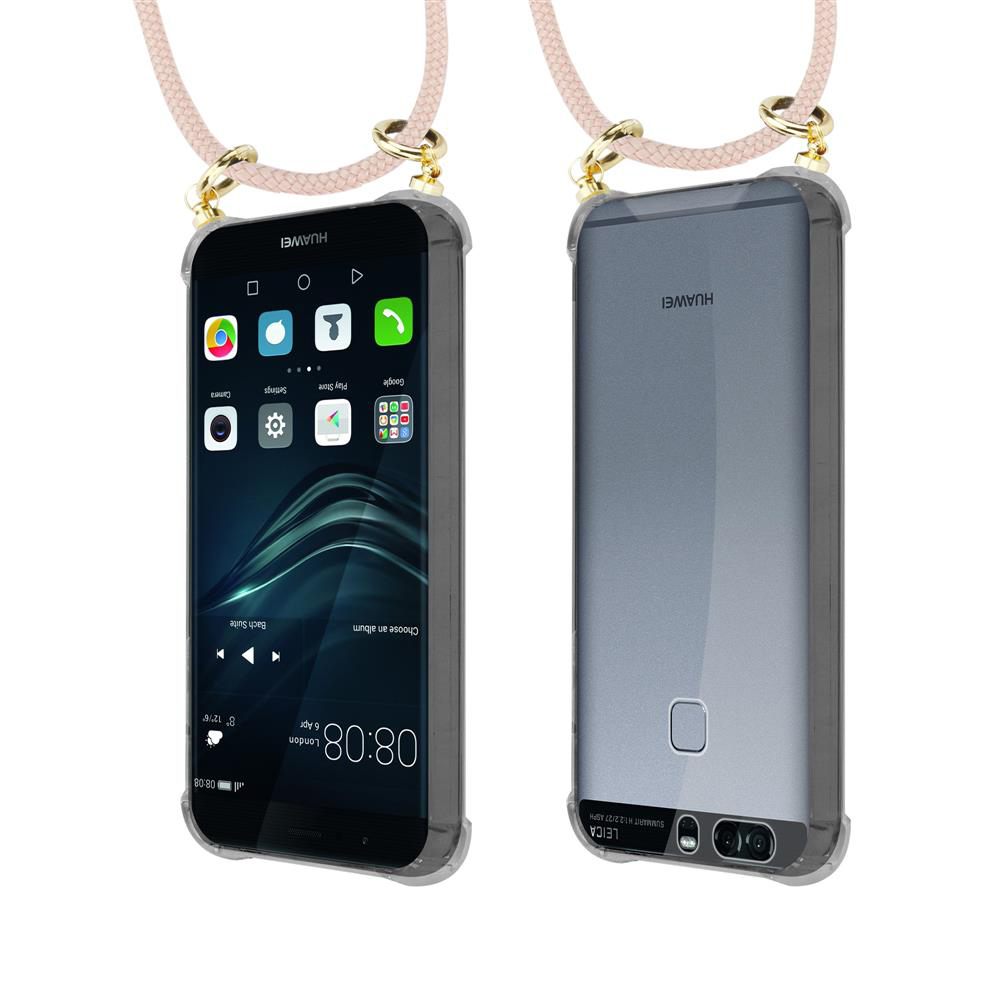 Zwei Huawei-Smartphones mit Trageband. Eines zeigt den Bildschirm, das andere die Rückseite.