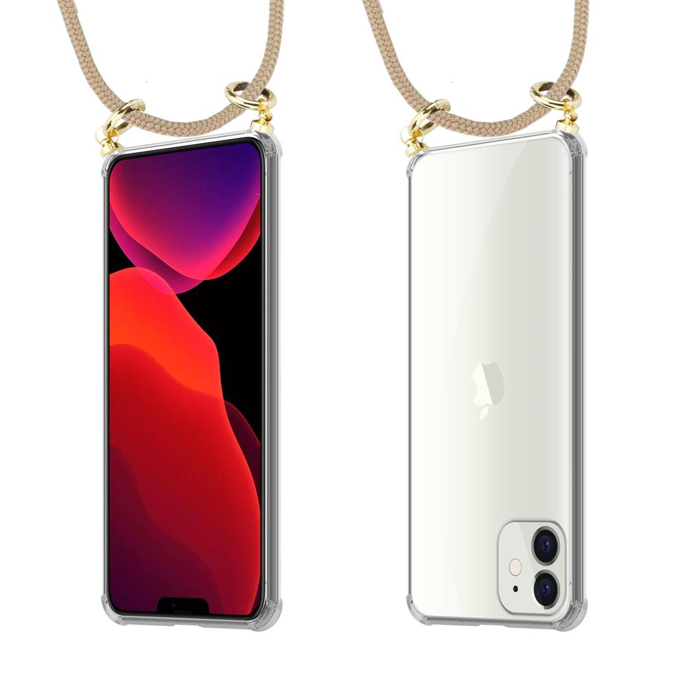 Una custodia per telefono trasparente con cinturino intrecciato, mostrata fronte e retro.