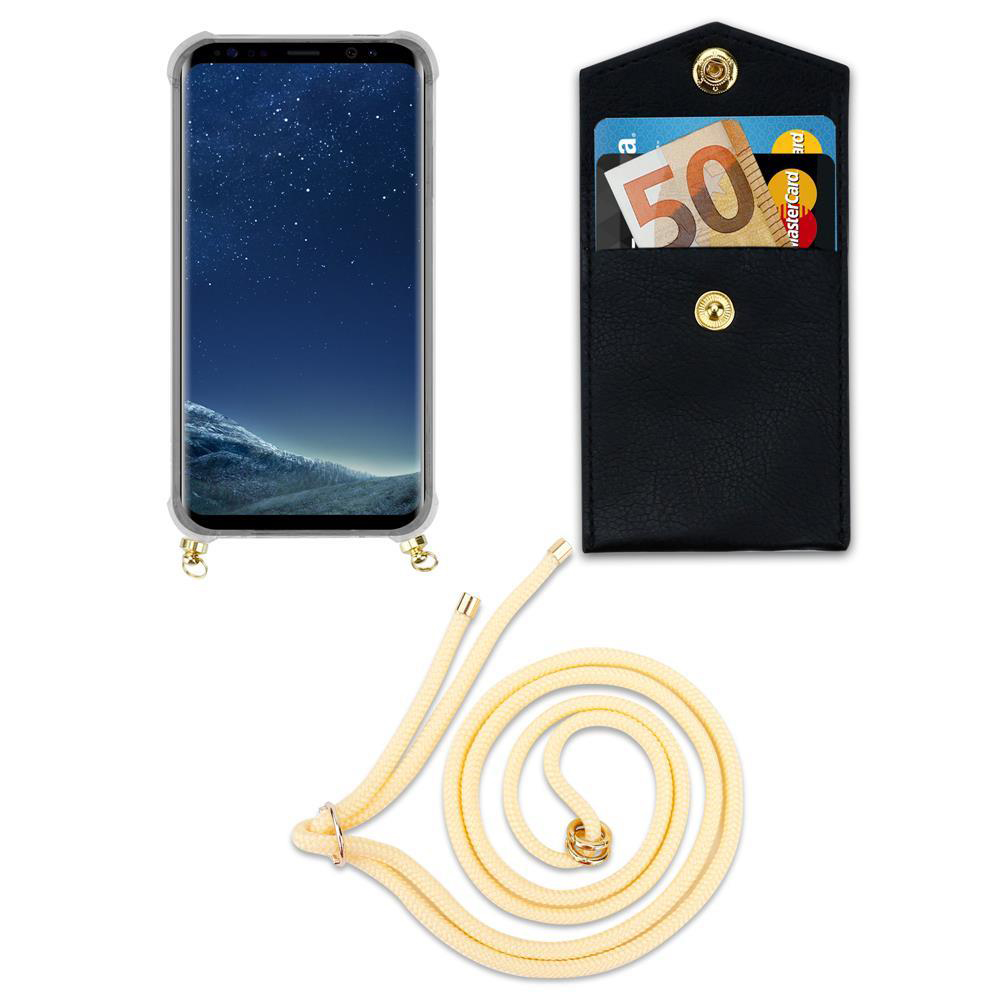 Uno smartphone in custodia, un portafoglio nero con soldi e carte e un laccetto.