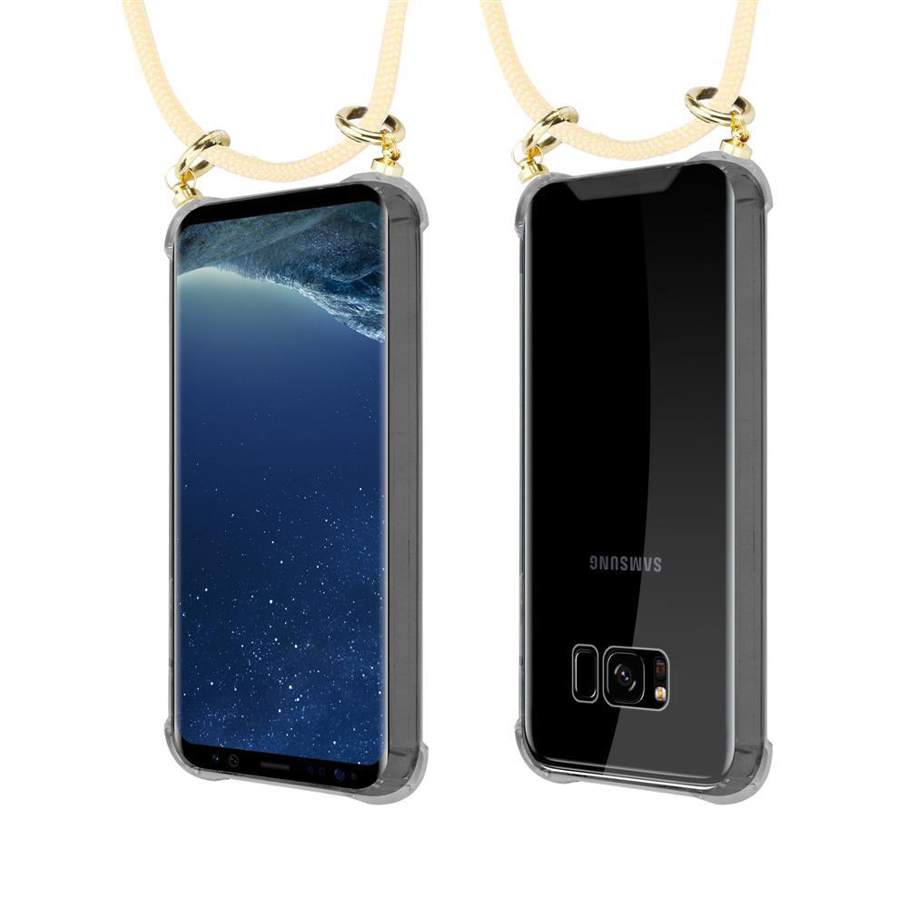 Due smartphone in custodie trasparenti con cordoni