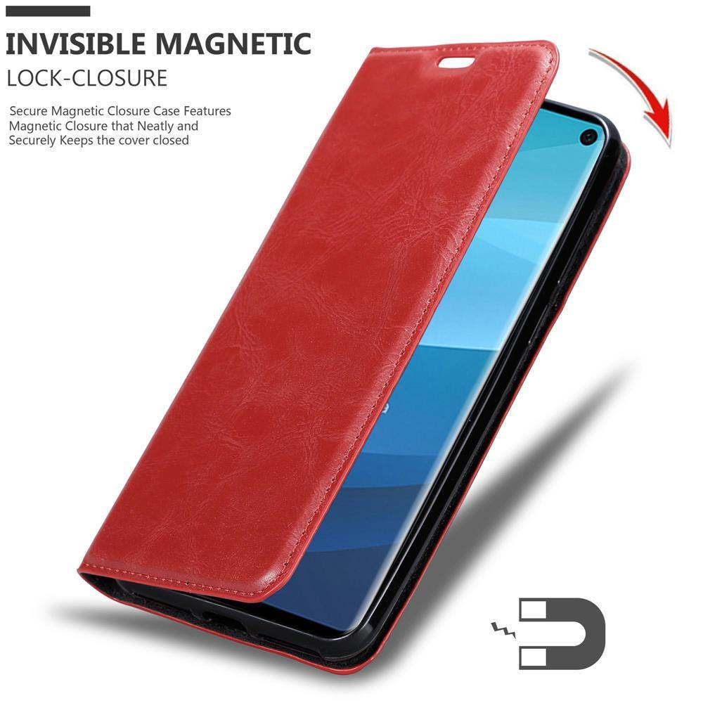 Custodia rossa per telefono con chiusura magnetica e schermo blu.