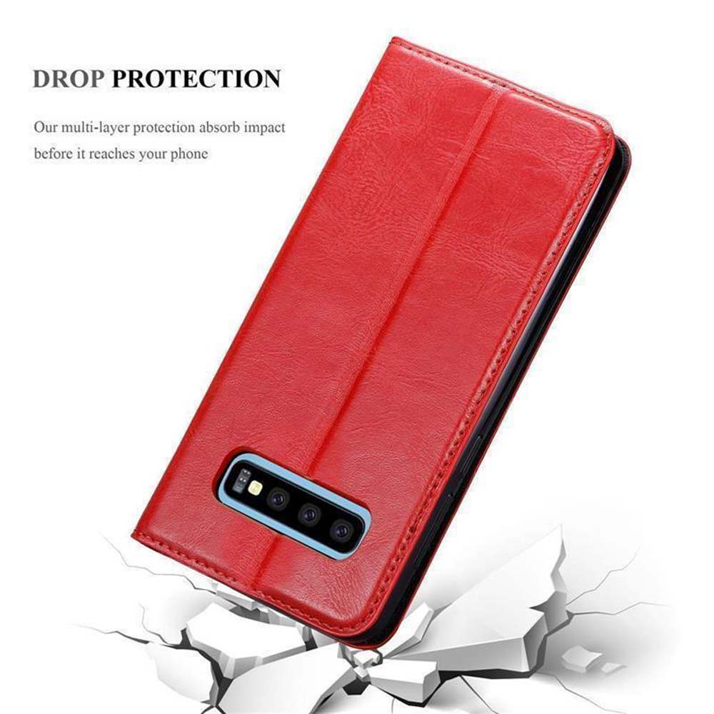 Custodia rossa per telefono con ritaglio fotocamera su fondo rotto.