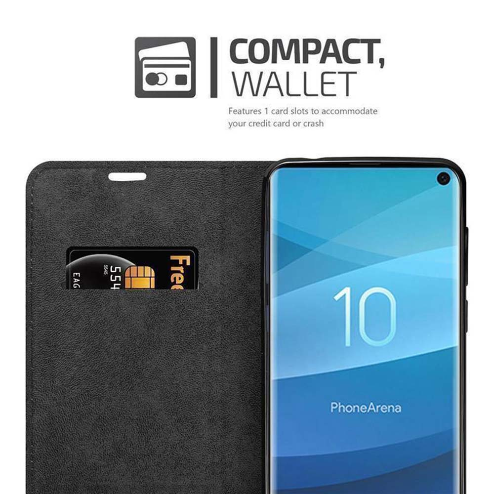 Custodia nera a portafoglio con carta e smartphone che mostra il numero 10.