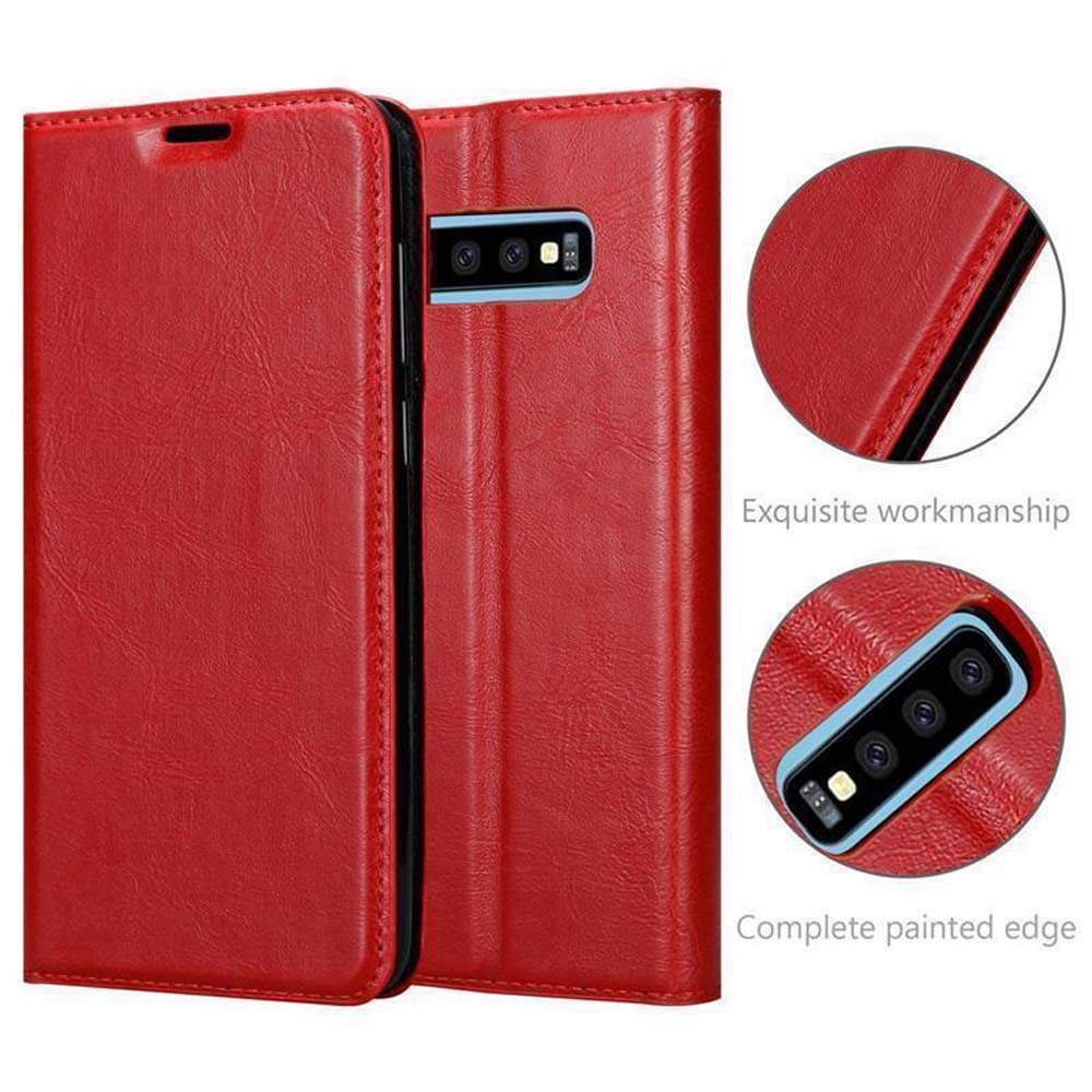 Custodia a libro rossa per telefono con foro fotocamera e cuciture.
