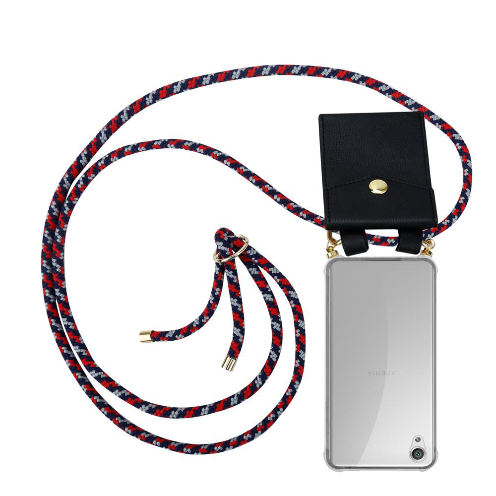 Handyhülle mit schwarzer Tasche und geflochtenem Band in Rot, Blau und Grau.