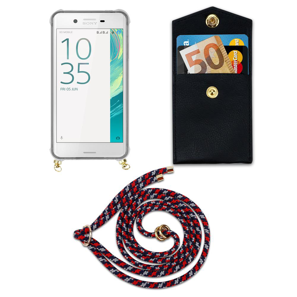 Smartphone mit Hülle, Geldbörse mit Geld und Karten, und eine Kordel.