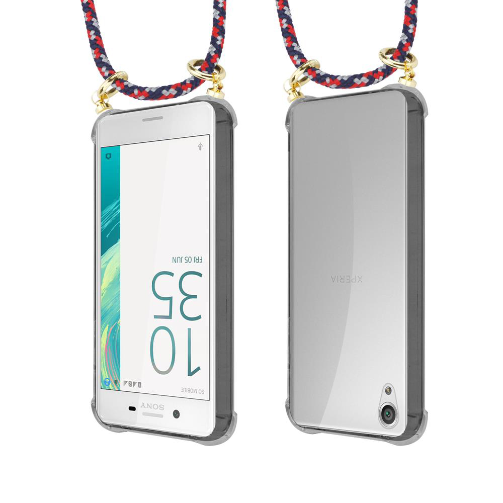 Zwei Sony Xperia Handys mit Lanyards, Vorder- und Rückseite nebeneinander.