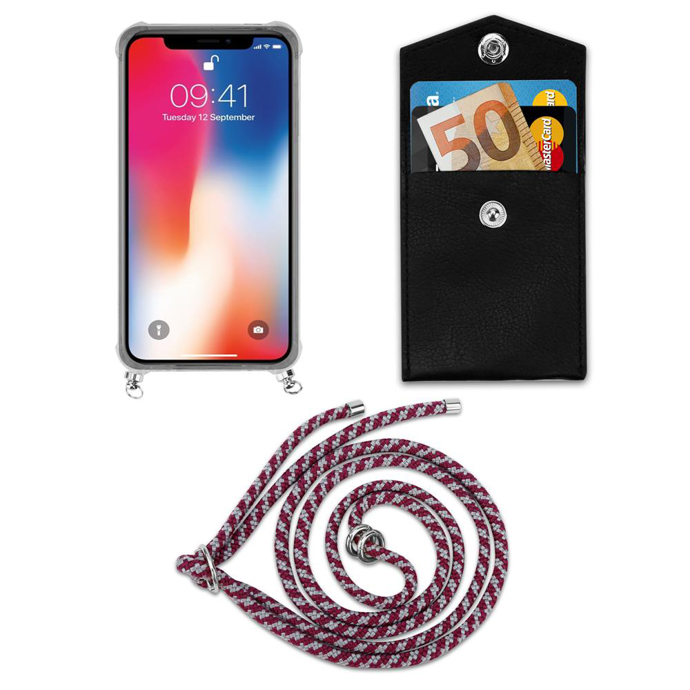 Uno smartphone, un portafoglio nero con soldi e carta, un cinturino.