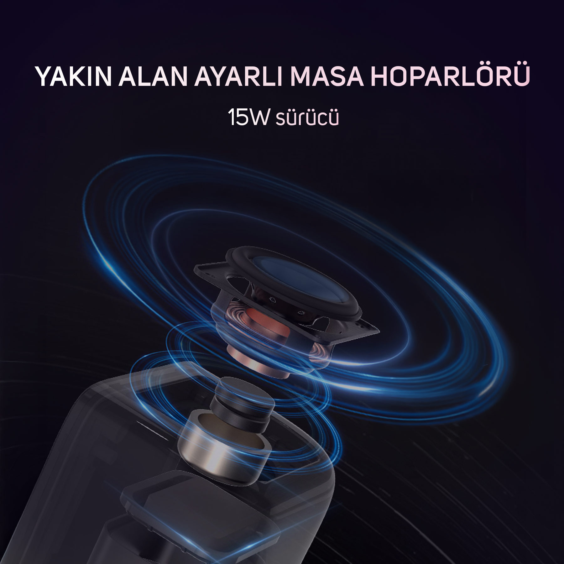 Mavi ses dalgalı yakın alan masaüstü hoparlör sürücüsü.