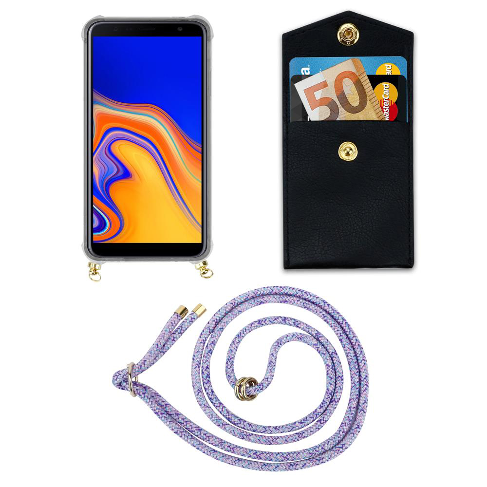 Uno smartphone in custodia, un portafoglio con soldi e carte, e un cordone.