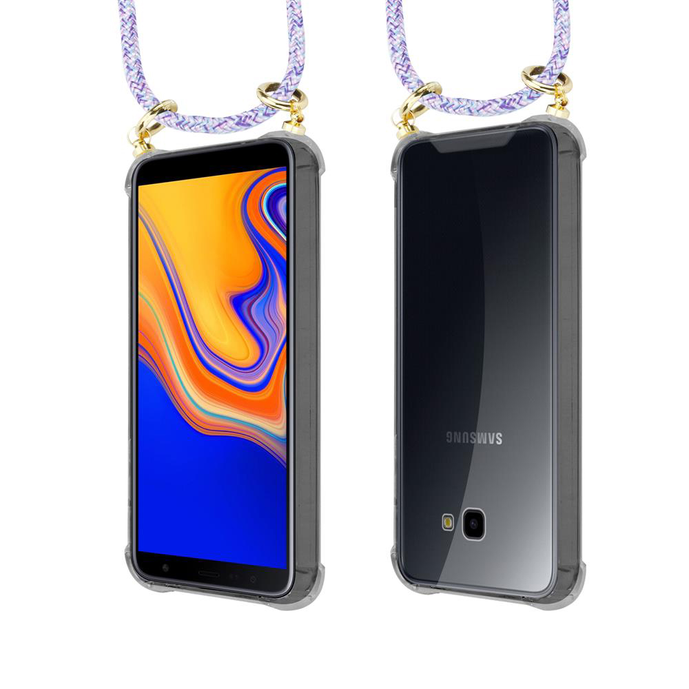 Uno smartphone in una custodia con cinturino da collo, visto fronte e retro.