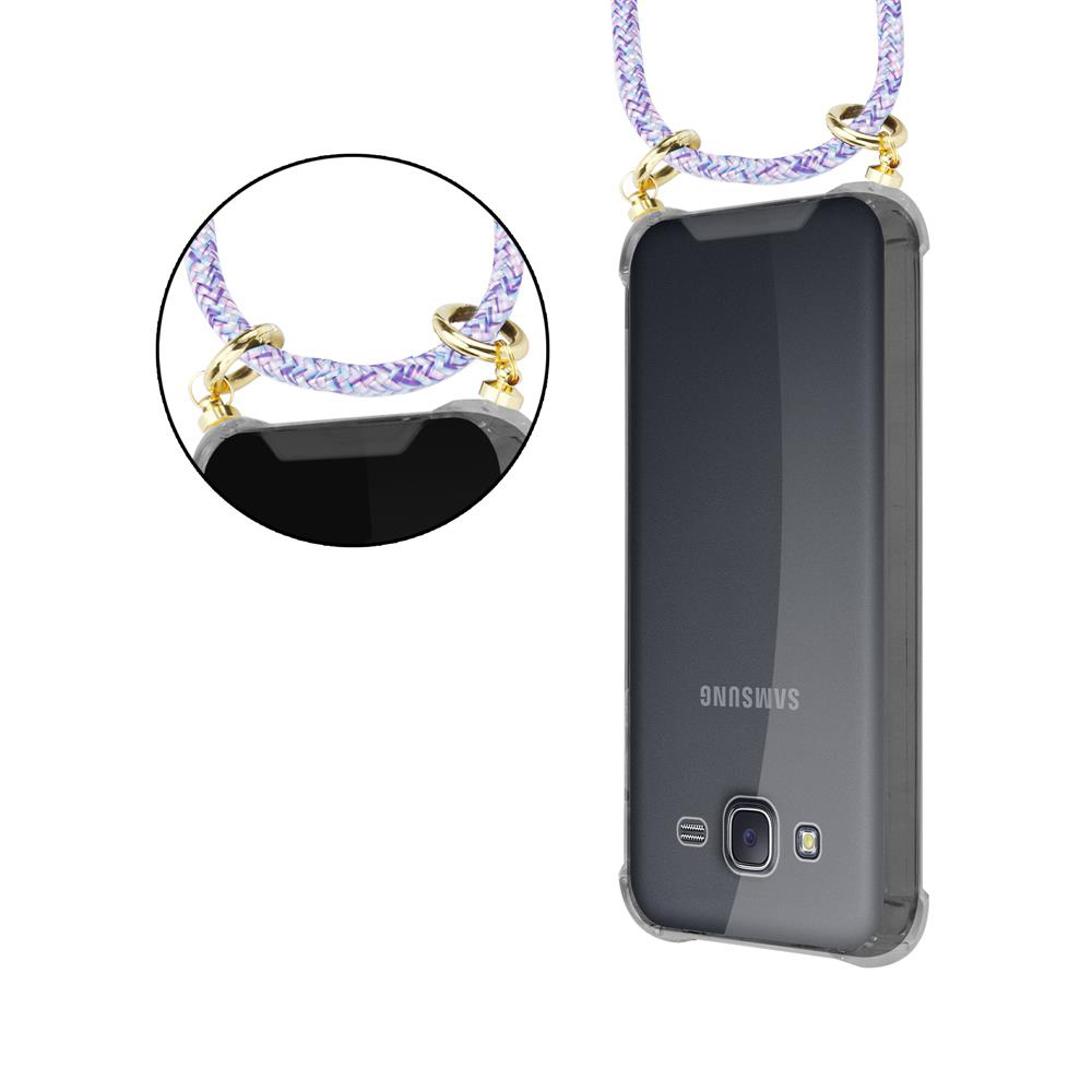 Custodia grigia Samsung con laccetto viola/bianco e anelli dorati.