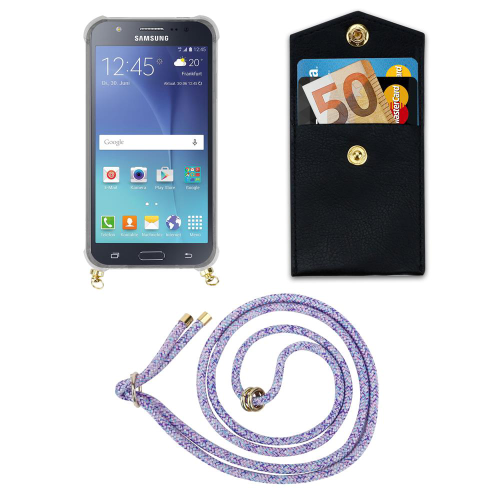 Uno smartphone Samsung in custodia, un portafoglio nero con soldi e carte, e un laccio viola.