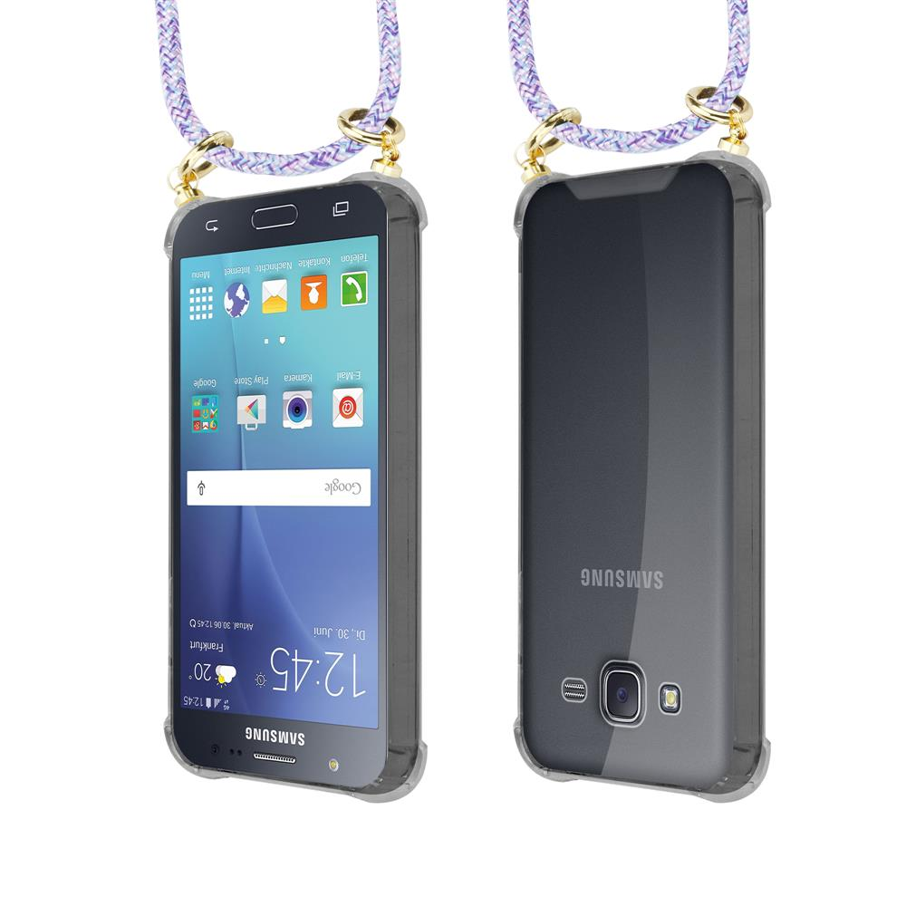 Telefono Samsung con cordino, vista frontale e posteriore. Custodia trasparente.