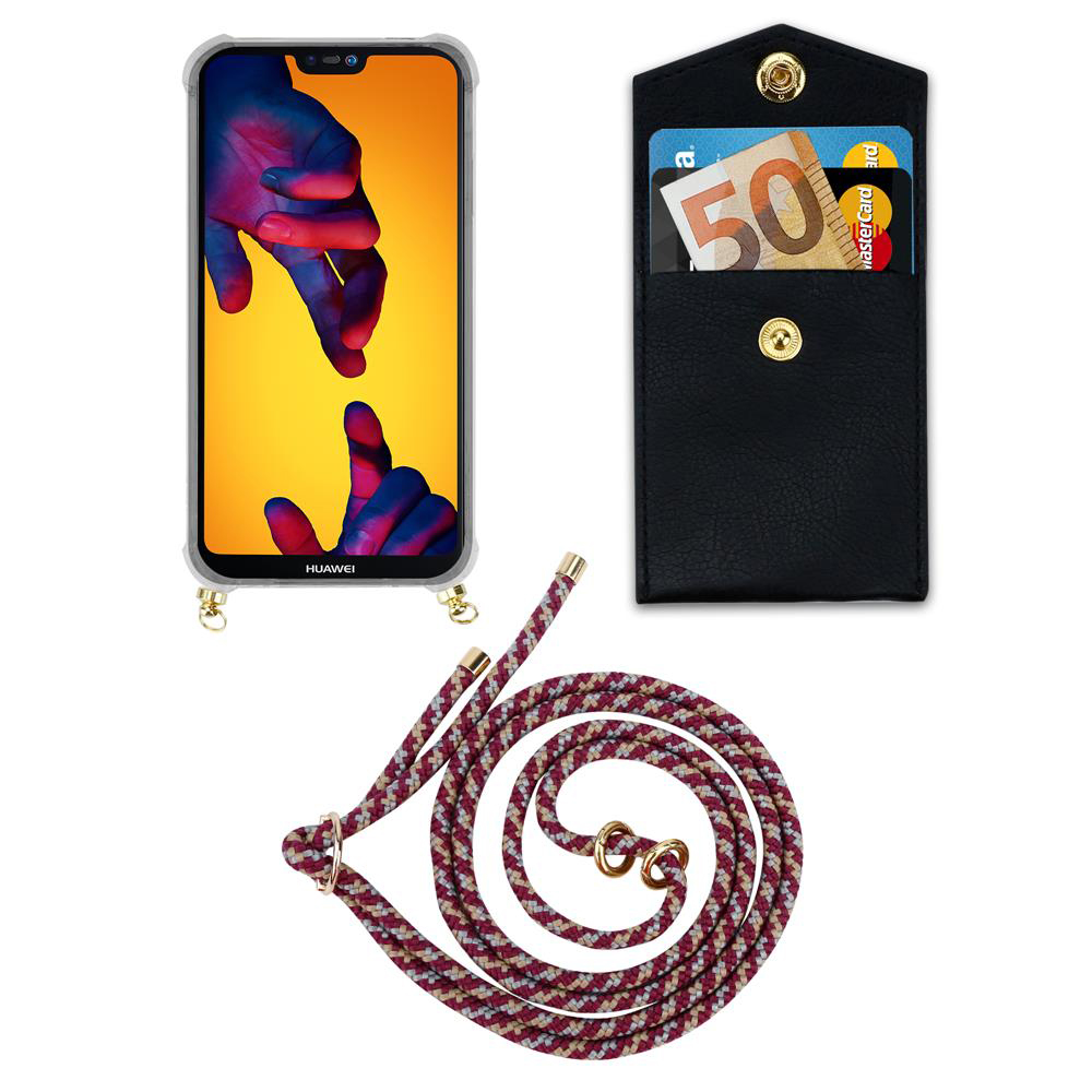 Smartphone con custodia digitale, porta carte nero con banconota da 50 euro e cordino.