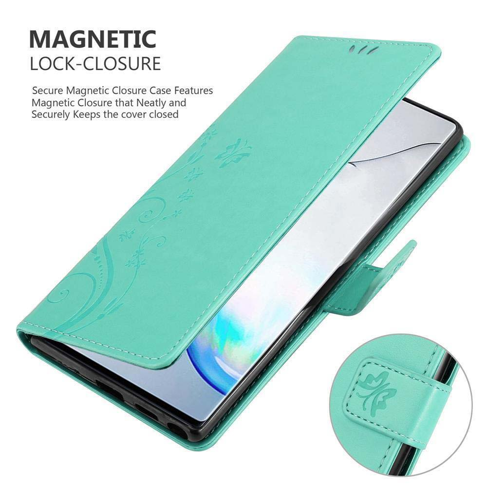 Custodia per telefono turchese con motivo floreale e chiusura magnetica.