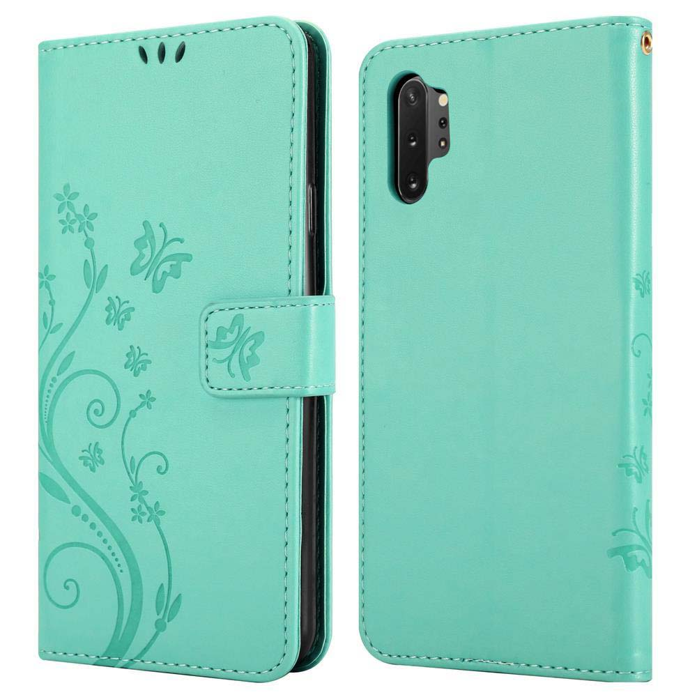 Una custodia a libro turchese con motivi floreali e chiusura magnetica.