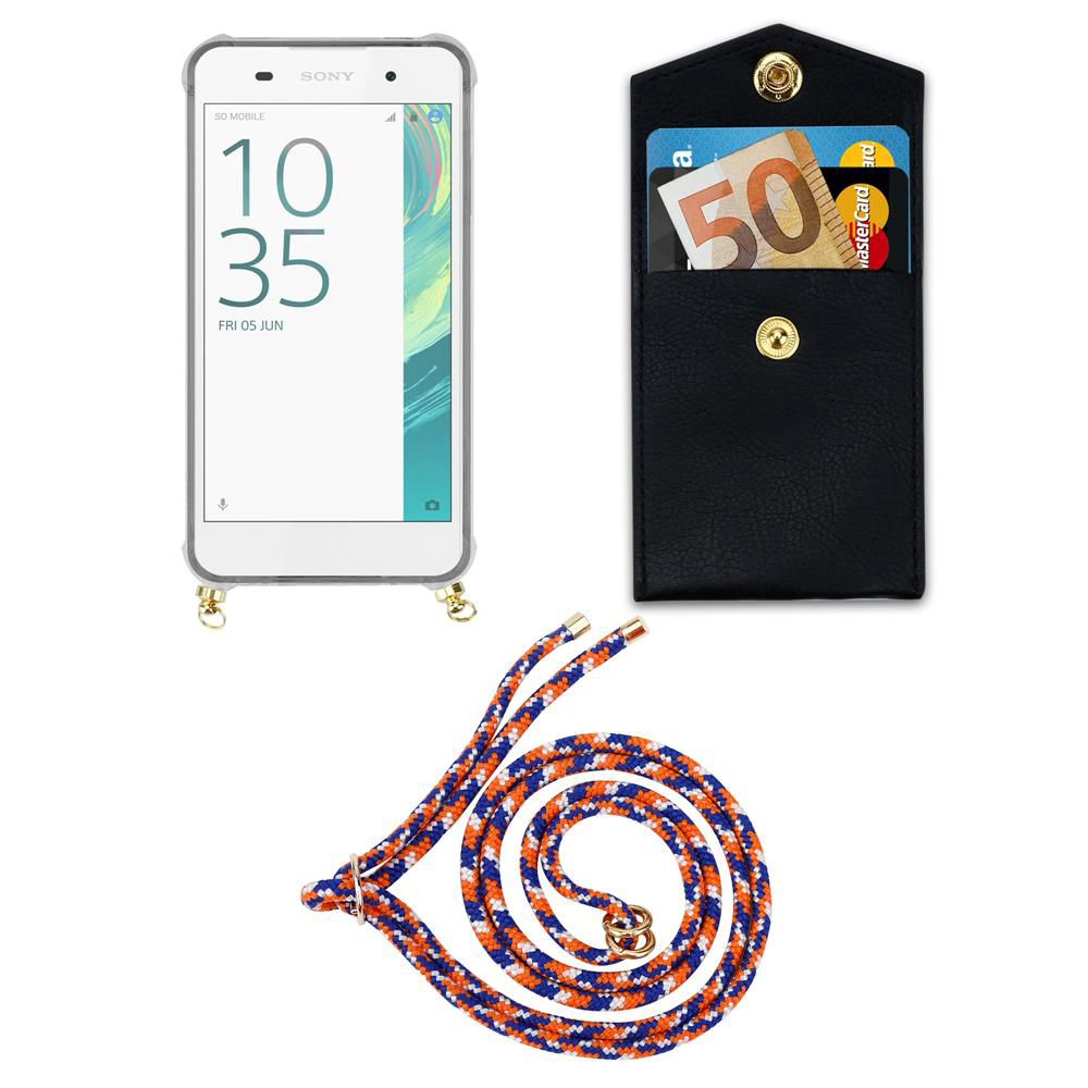 Sony Smartphone mit Hülle, schwarzes Portemonnaie mit Geld und Karten, Lanyard.