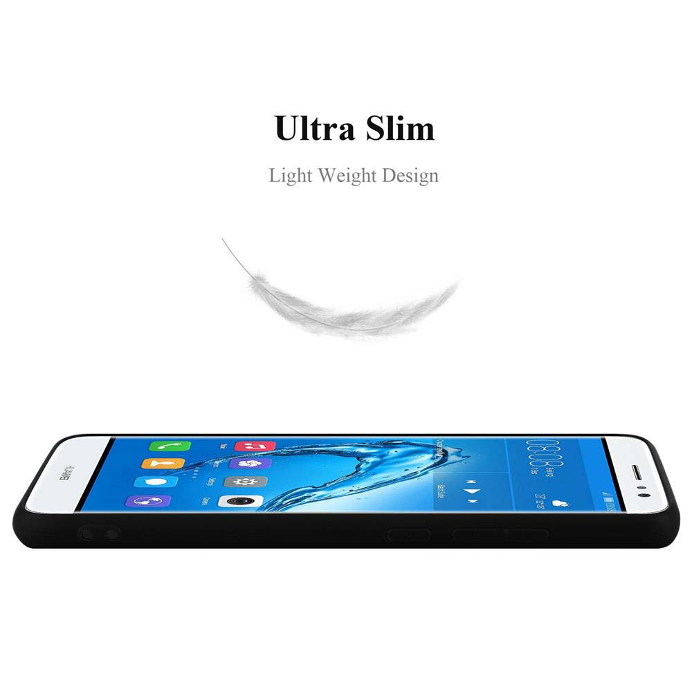 Uno smartphone sottile in custodia nera con grafica a piuma.